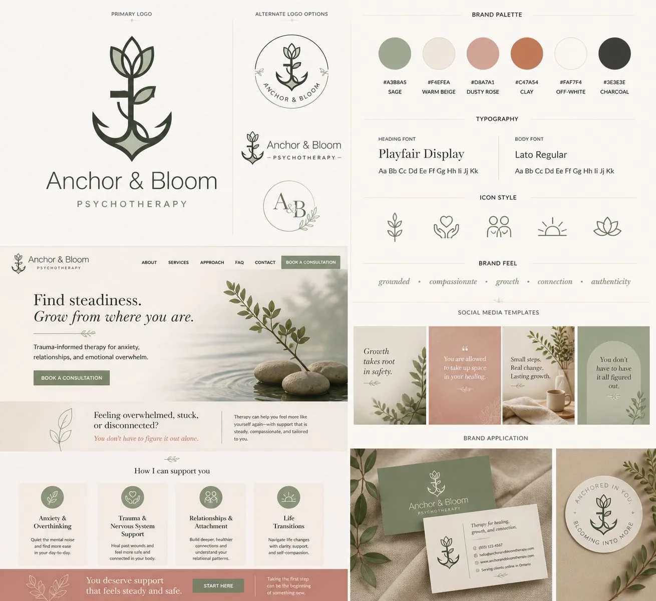 Anchor & Bloom brand board: logo, palette, type, and botanical motifs