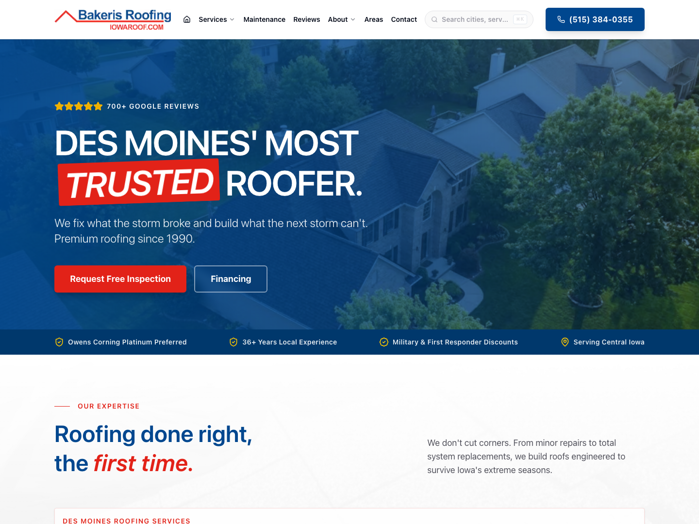Bakeris Roofing homepage with inspection request, financing and roofing services