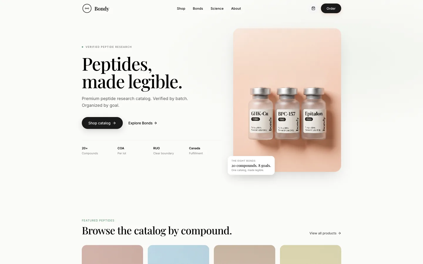 Bondy homepage — Peptides, made legible — the live storefront