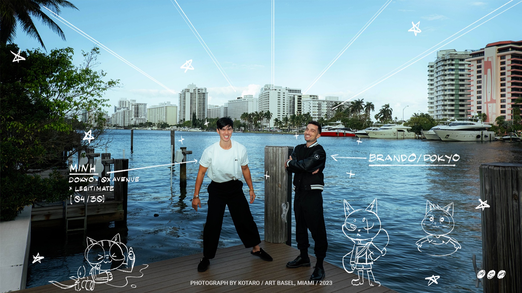 Brando and Minh wearing Dokyo merch on a Miami pier, Art Basel 2023