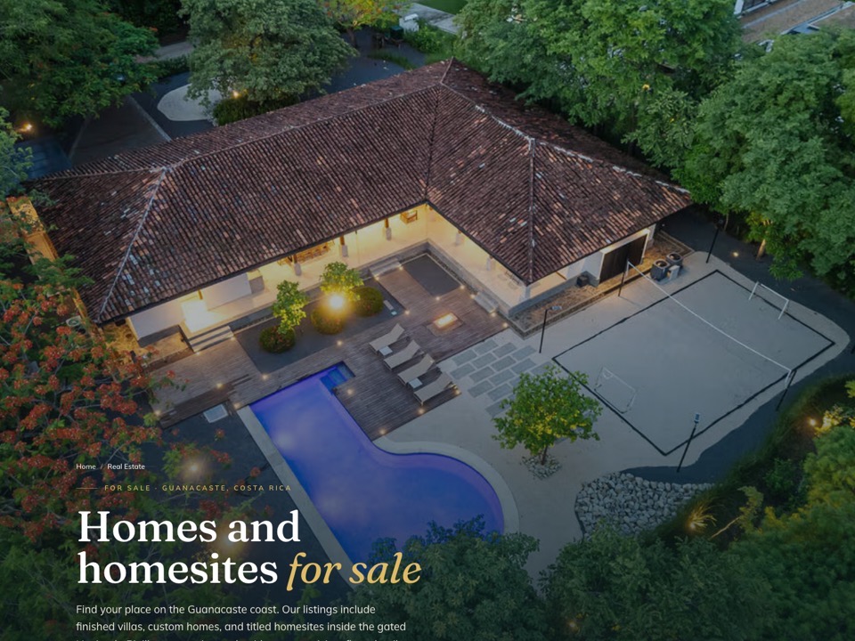Hacienda Pinilla real-estate page preview showing a luxury home and homesites hero